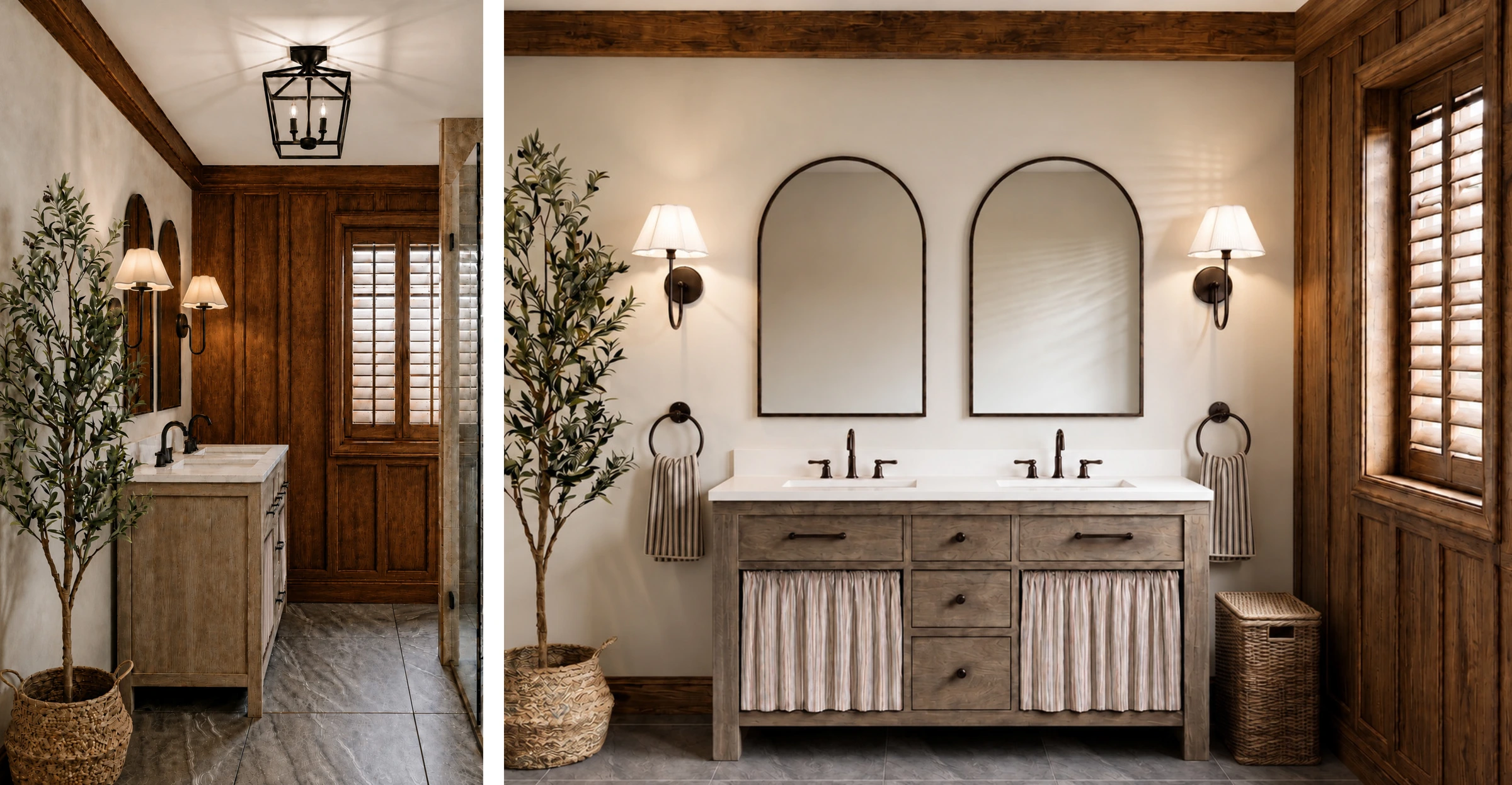 Warm bathroom rendering with a double vanity, arched mirrors, wood architectural detailing, and softly lit sconces