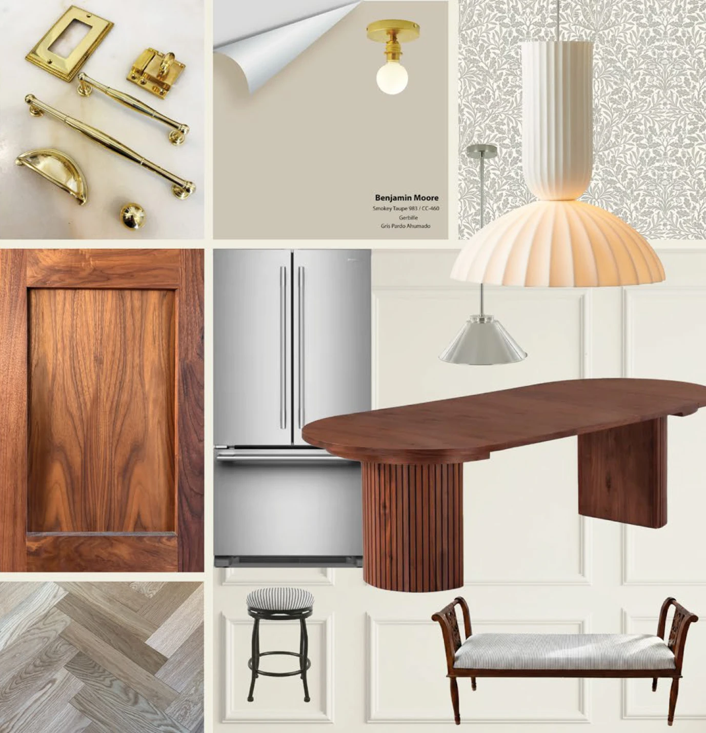 Timeless kitchen mood board with brass hardware, warm wood, lighting, flooring, and furniture references