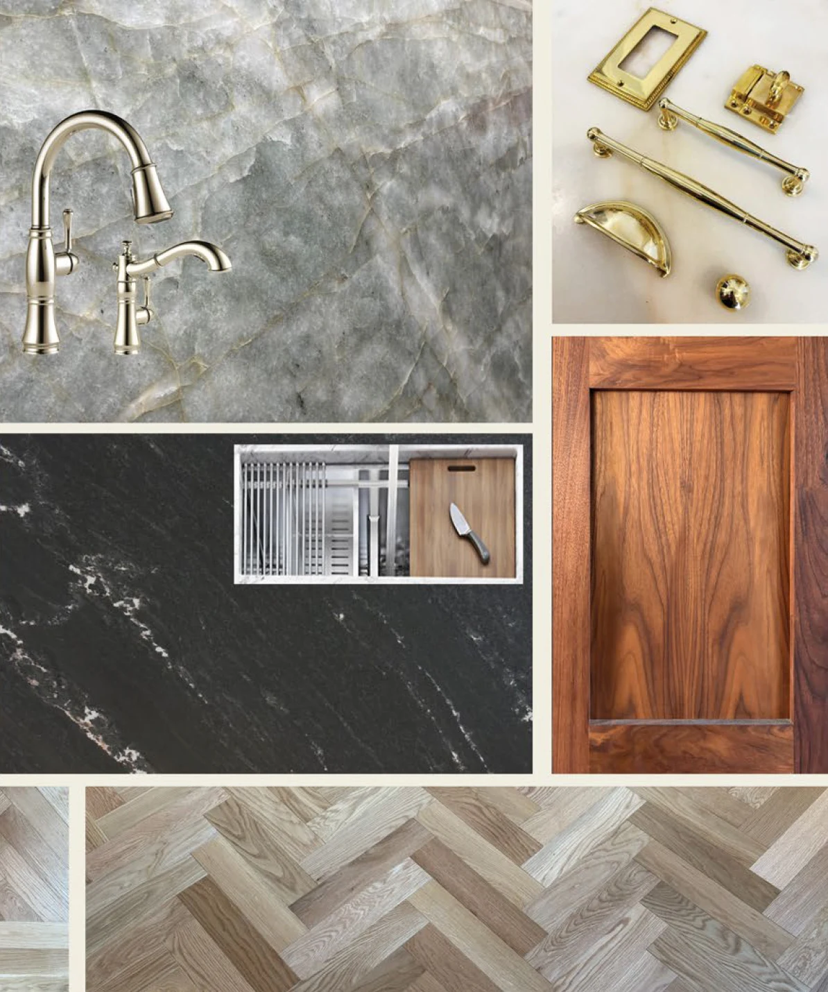 Design study mood board with stone, brass hardware, wood, dark counter material, and herringbone flooring