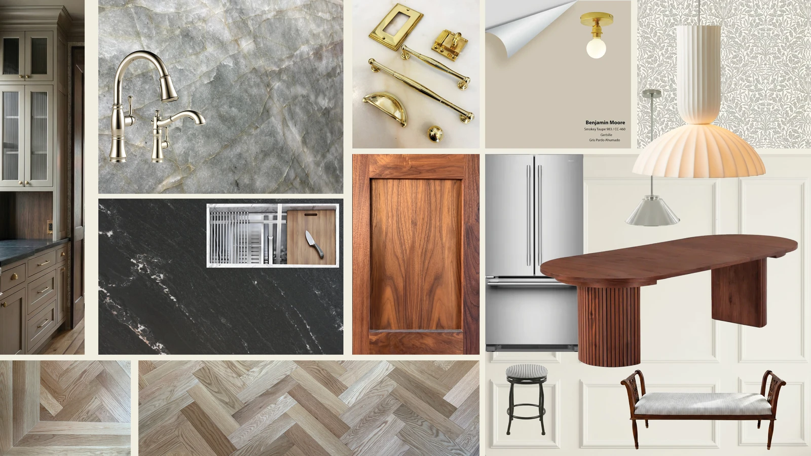 Timeless kitchen design study with stone, brass, wood, and herringbone flooring
