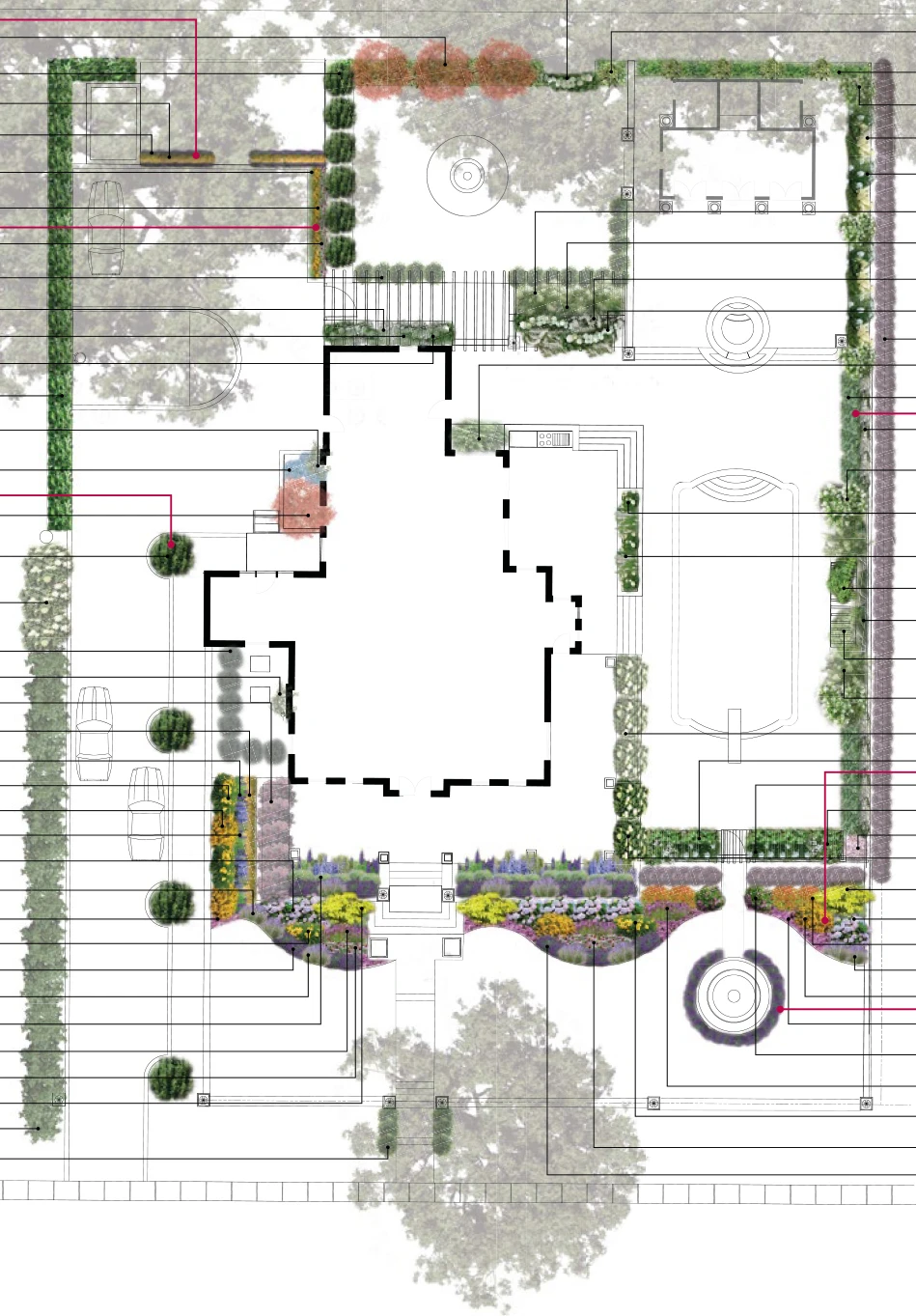 Conceptual landscape plan with planting beds, paths, garden rooms, and exterior layout