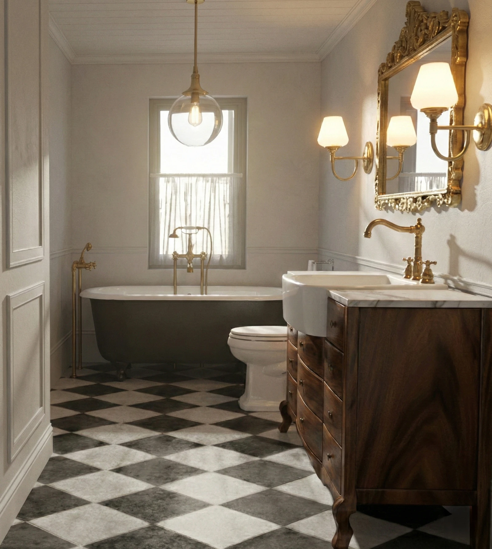 Bath and utility concept rendering with brass fixtures, freestanding tub, checkerboard floor, and warm wood vanity