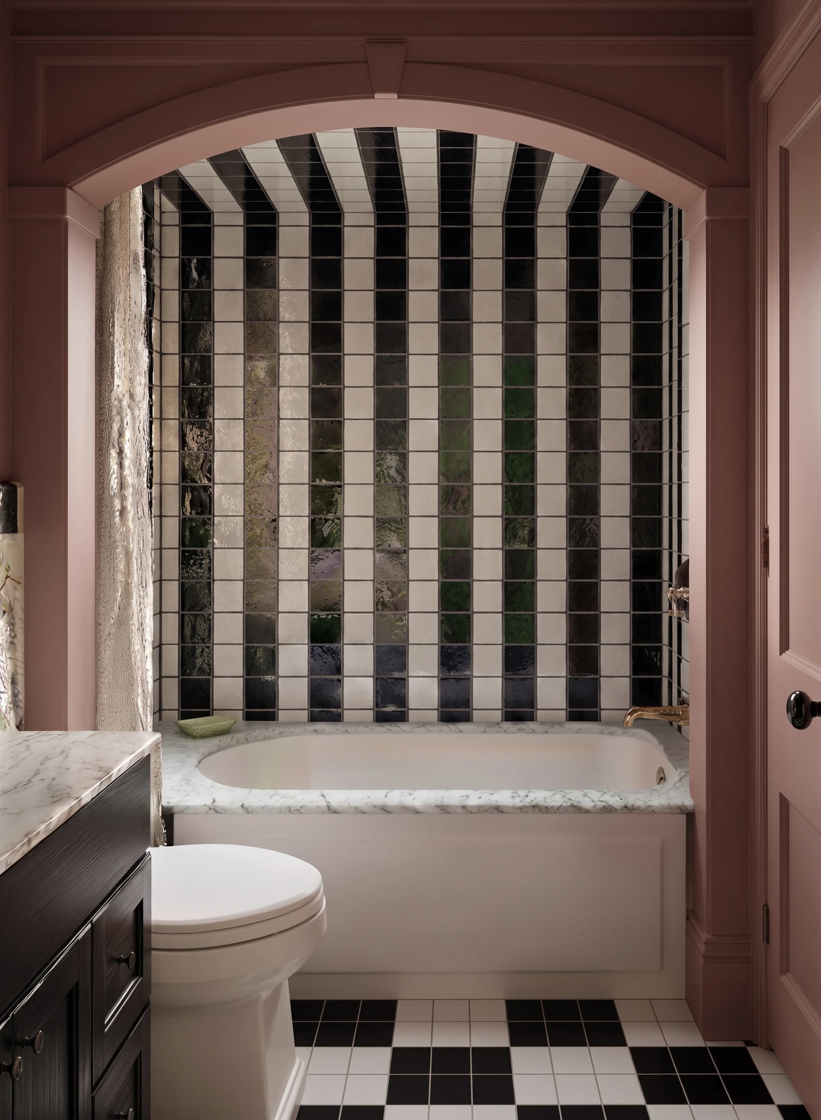 Bathroom rendering with arched tub alcove, striped tile, checkerboard floor, and warm painted trim