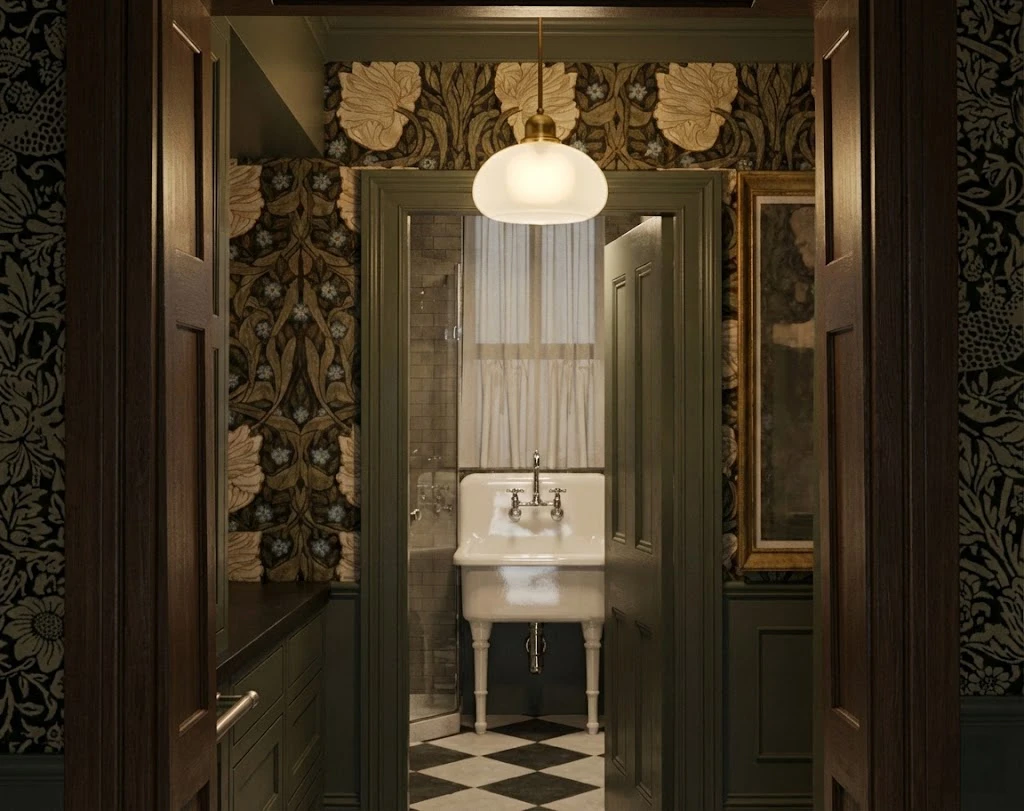Utility pantry rendering with floral wallpaper, sink view beyond, pendant light, and layered millwork