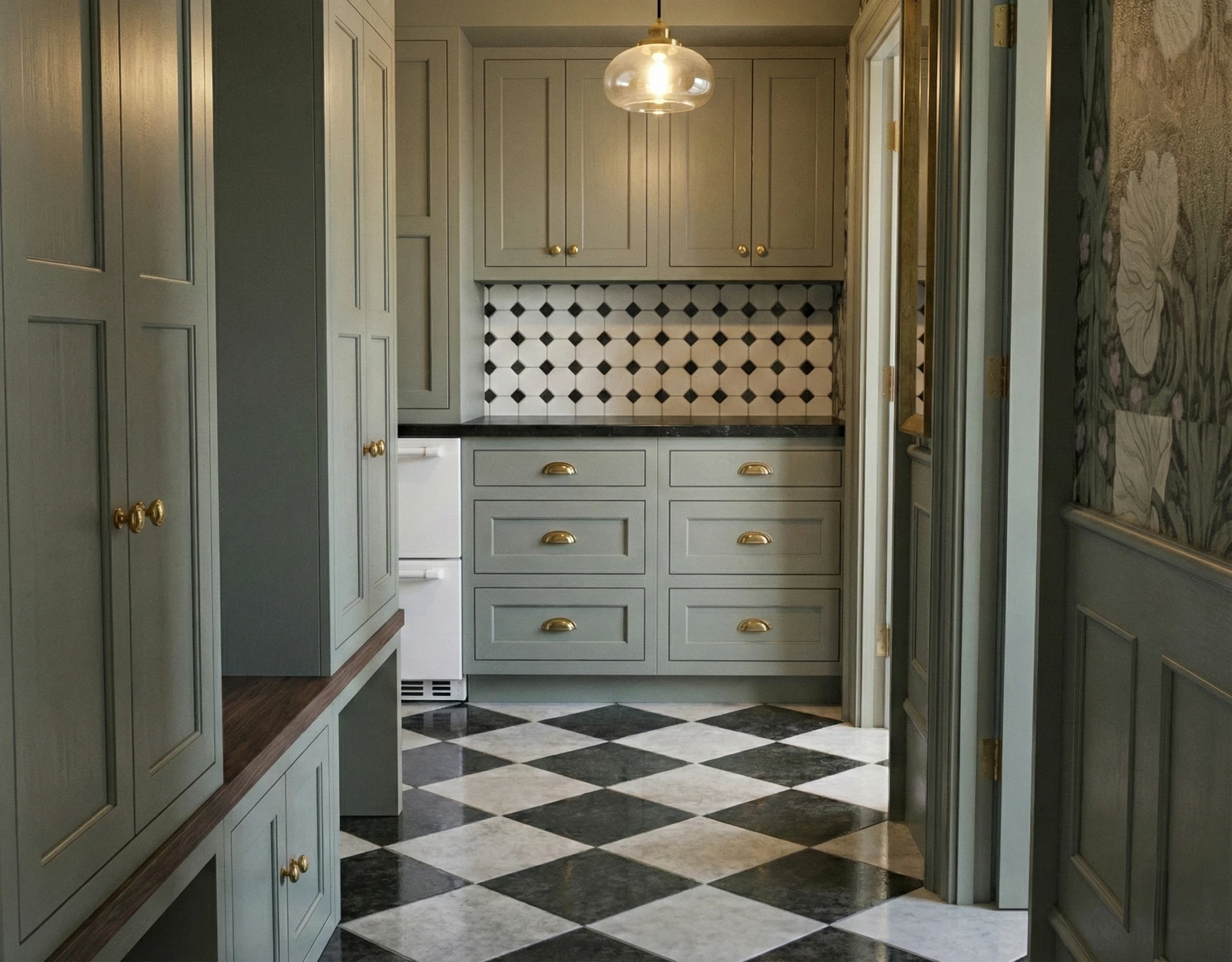 Mudroom rendering with paneled cabinetry, brass hardware, checkerboard floor, and utility storage