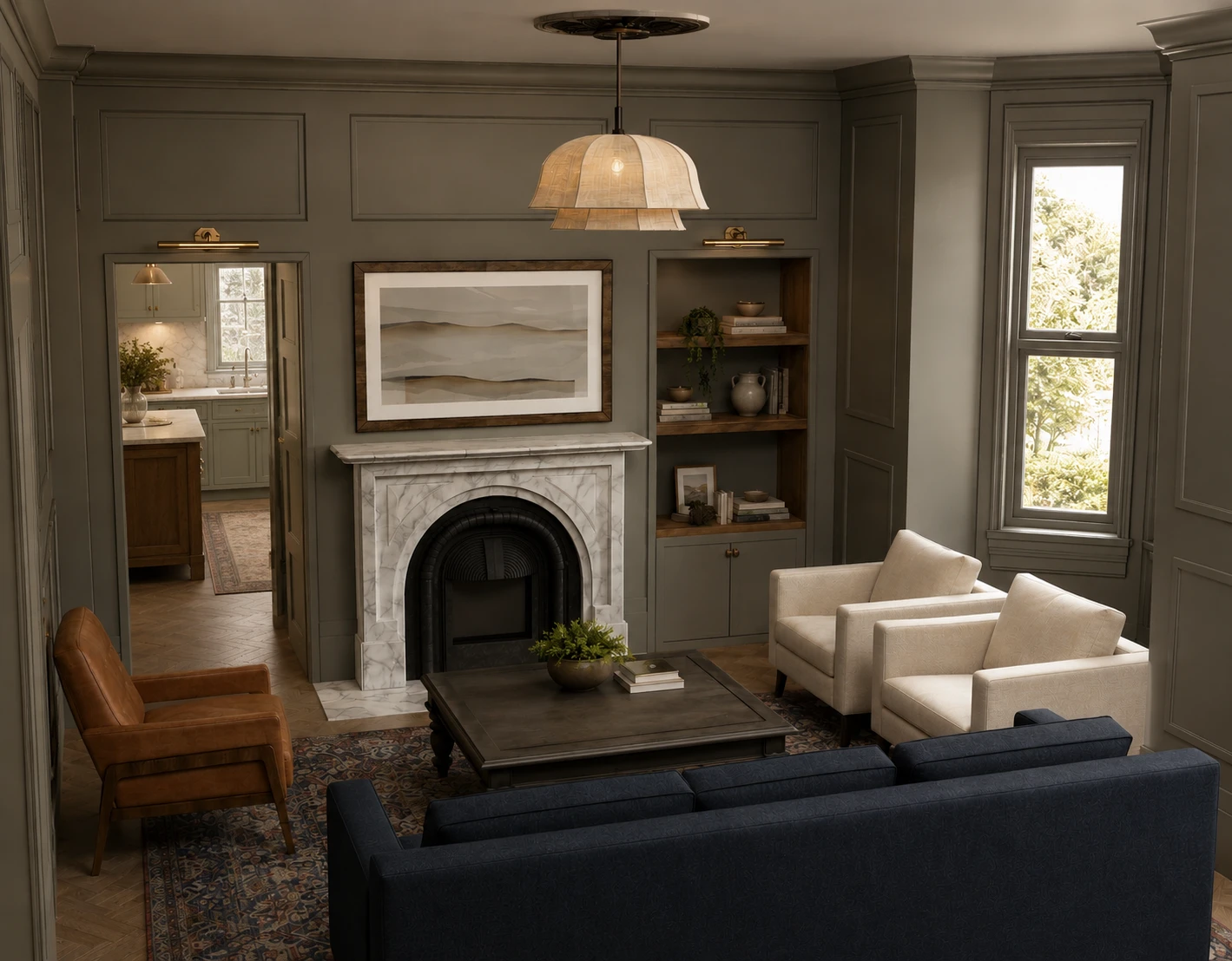 Living room rendering with marble fireplace, built-in shelving, paneled walls, and layered seating