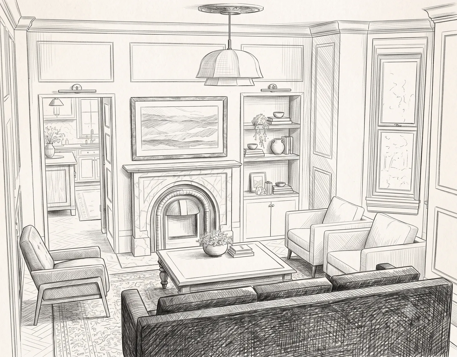 Line drawing of living room fireplace, built-ins, paneled walls, seating, and lighting