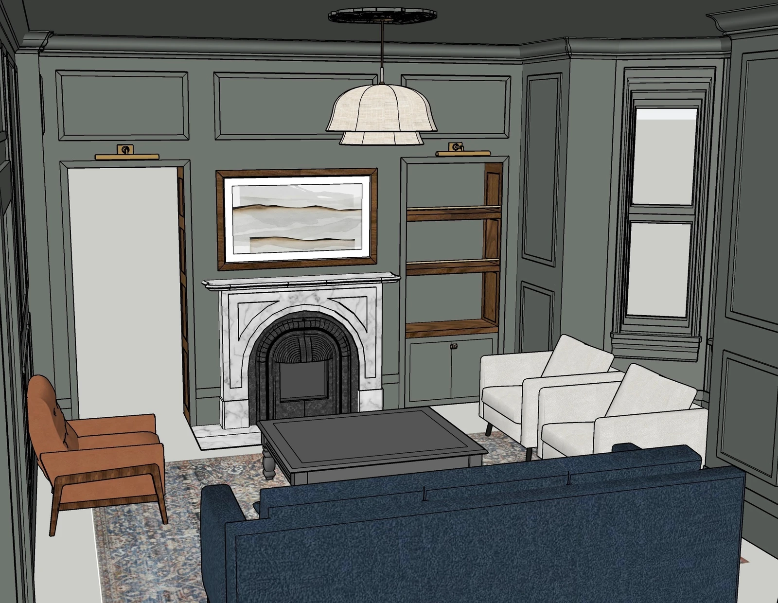 Color sketch rendering of fireplace wall with built-in shelving, paneled walls, seating, and pendant light