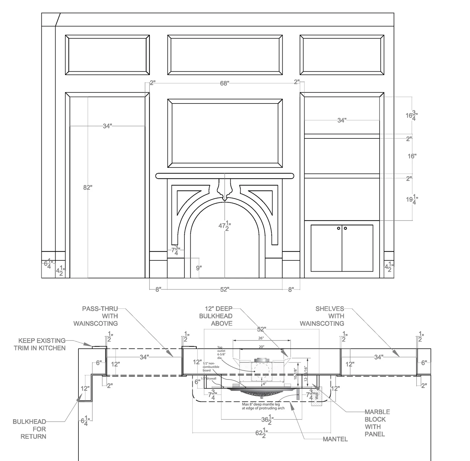 Fireplace and built-in elevation drawing with dimensions, shelf details, mantle section, and millwork notes