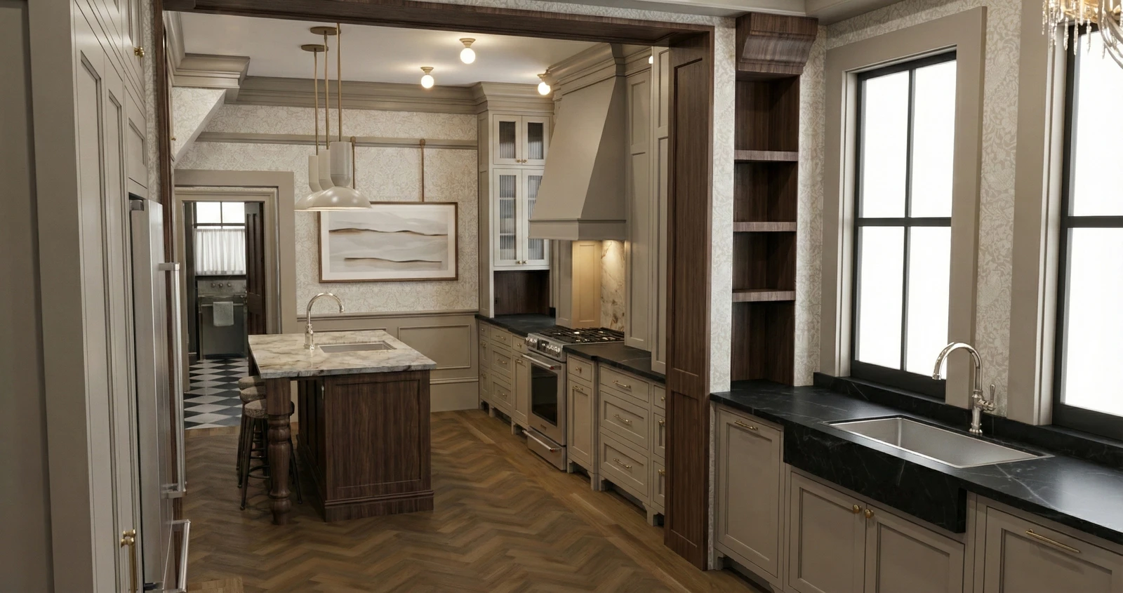 Timeless kitchen rendering with layered cabinetry, warm wood, black stone counters, and traditional detailing