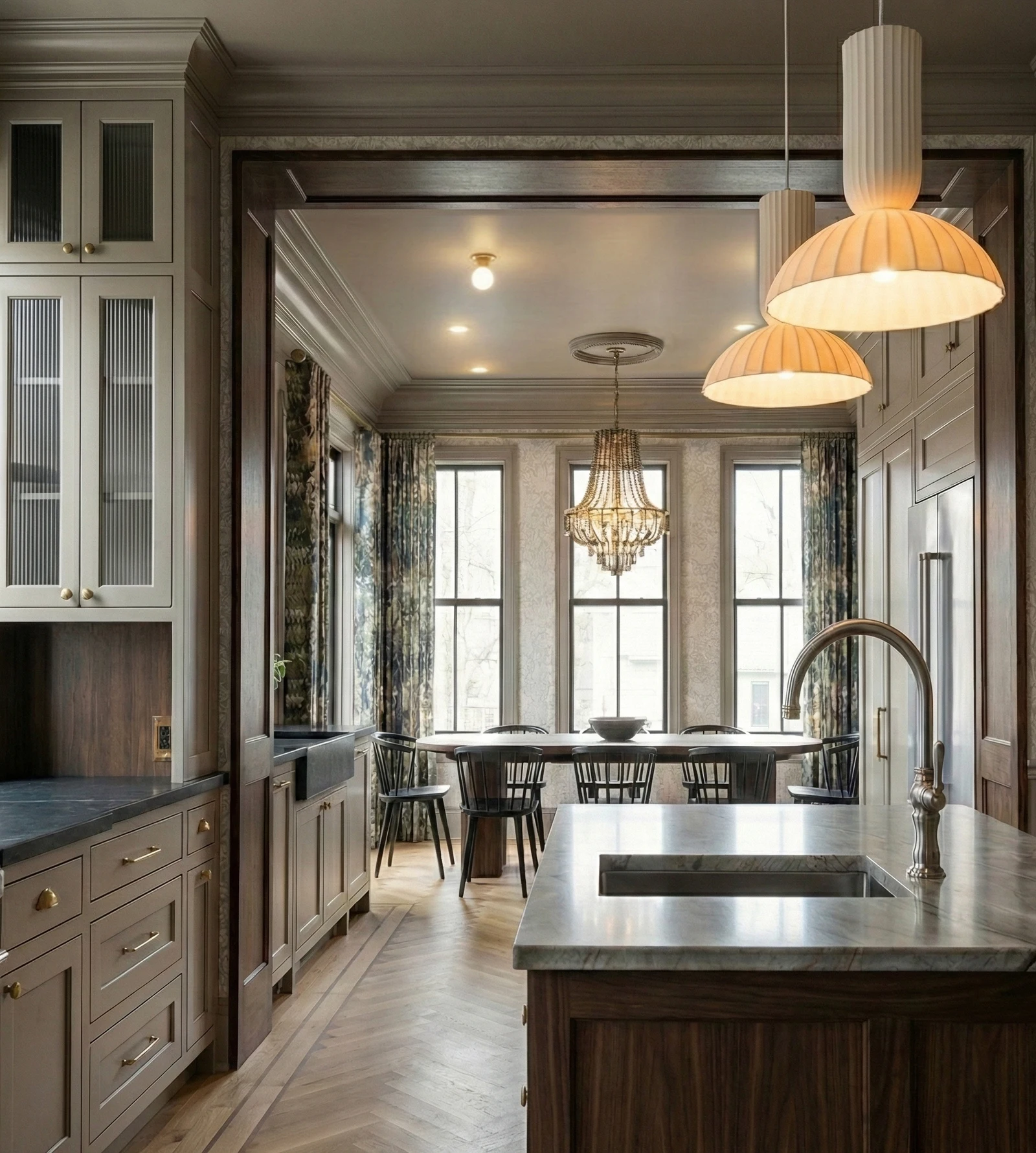 Kitchen rendering looking toward the dining room with pendant lighting and built-in cabinetry