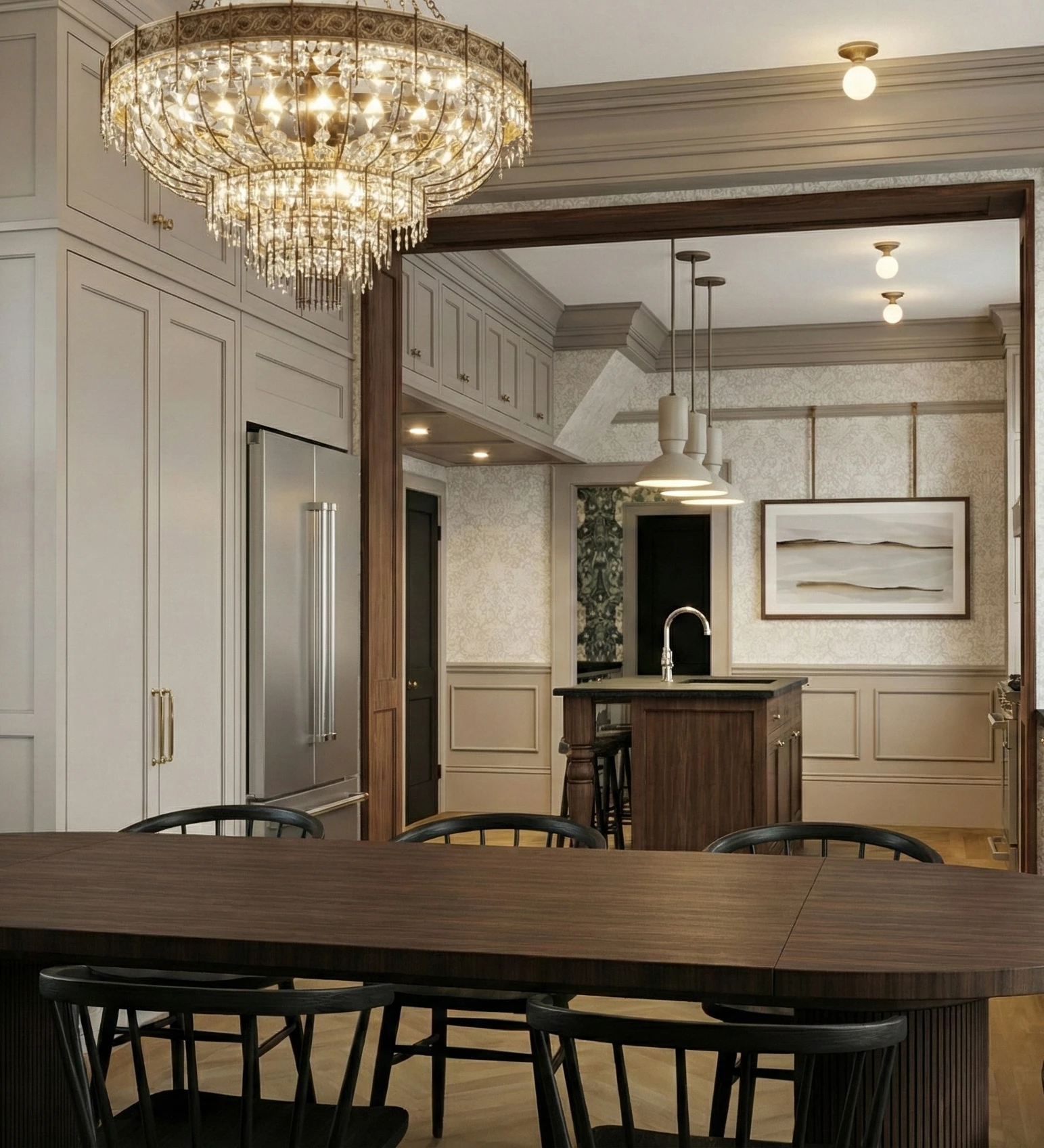Dining room rendering looking into the kitchen with chandelier, table, cabinetry, and island beyond