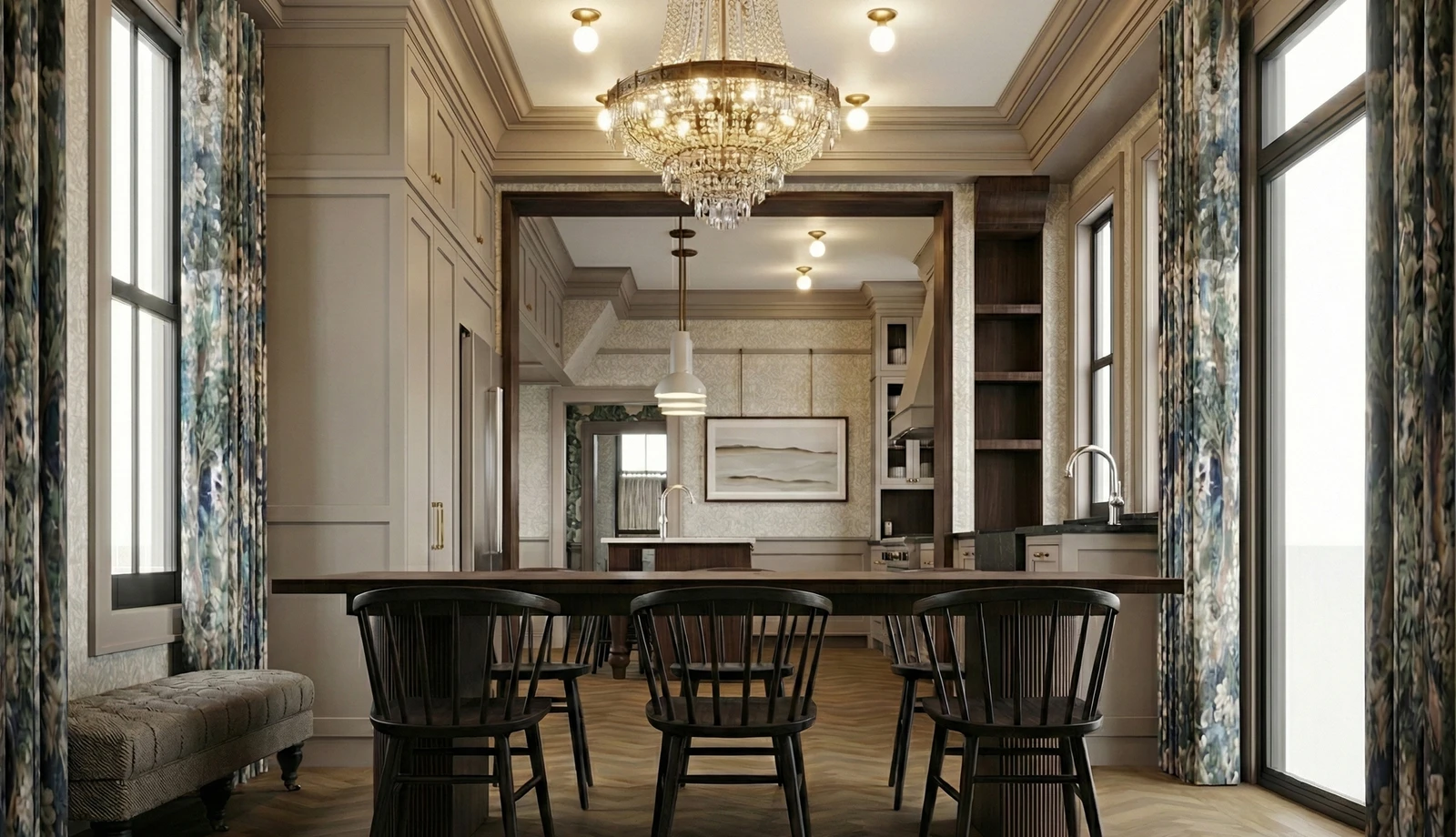 Wide rendering of dining room and kitchen with chandelier, drapery, wood table, and layered cabinetry
