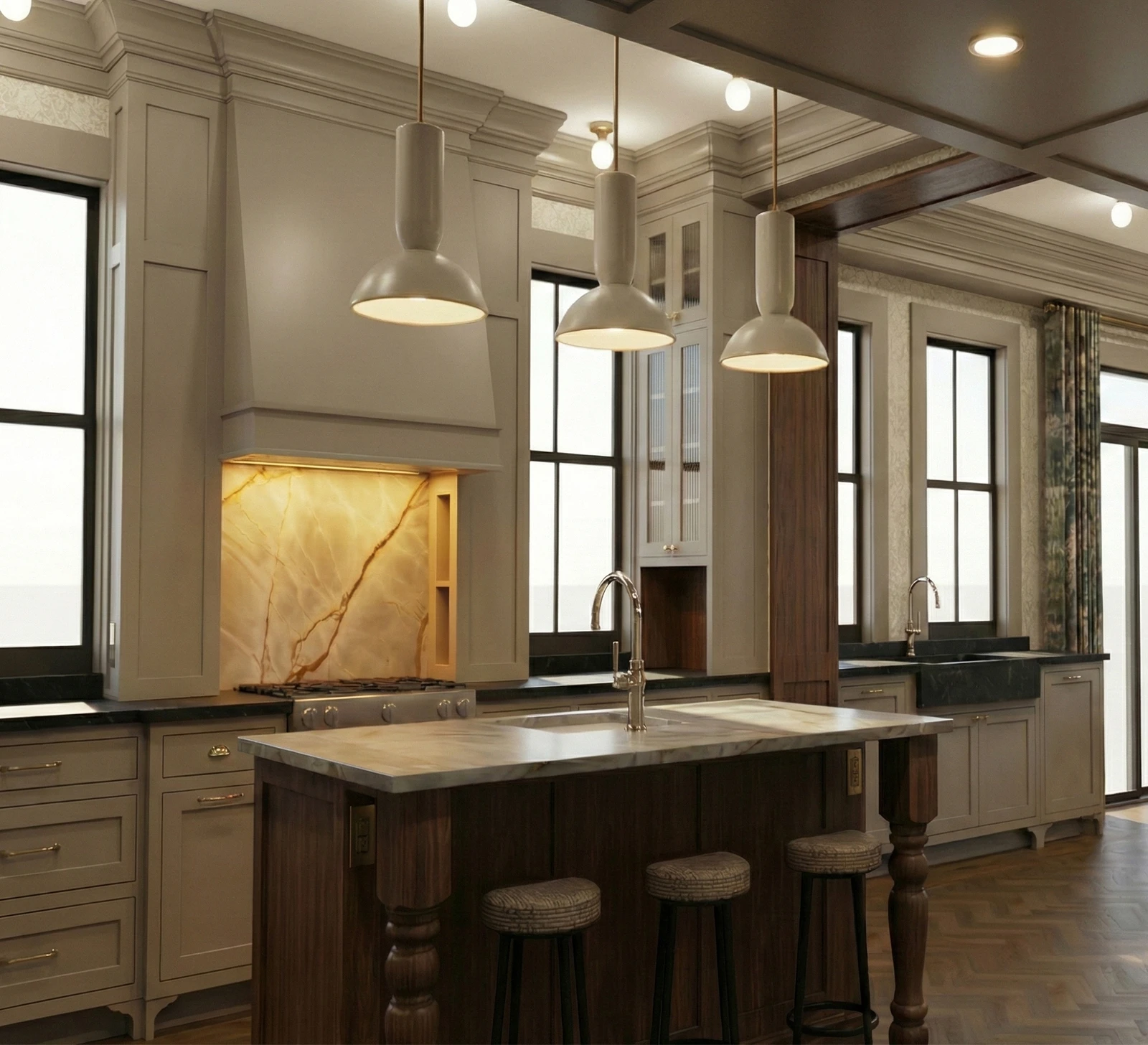 Kitchen rendering with custom range hood, pendant lights, stone island, and walnut details