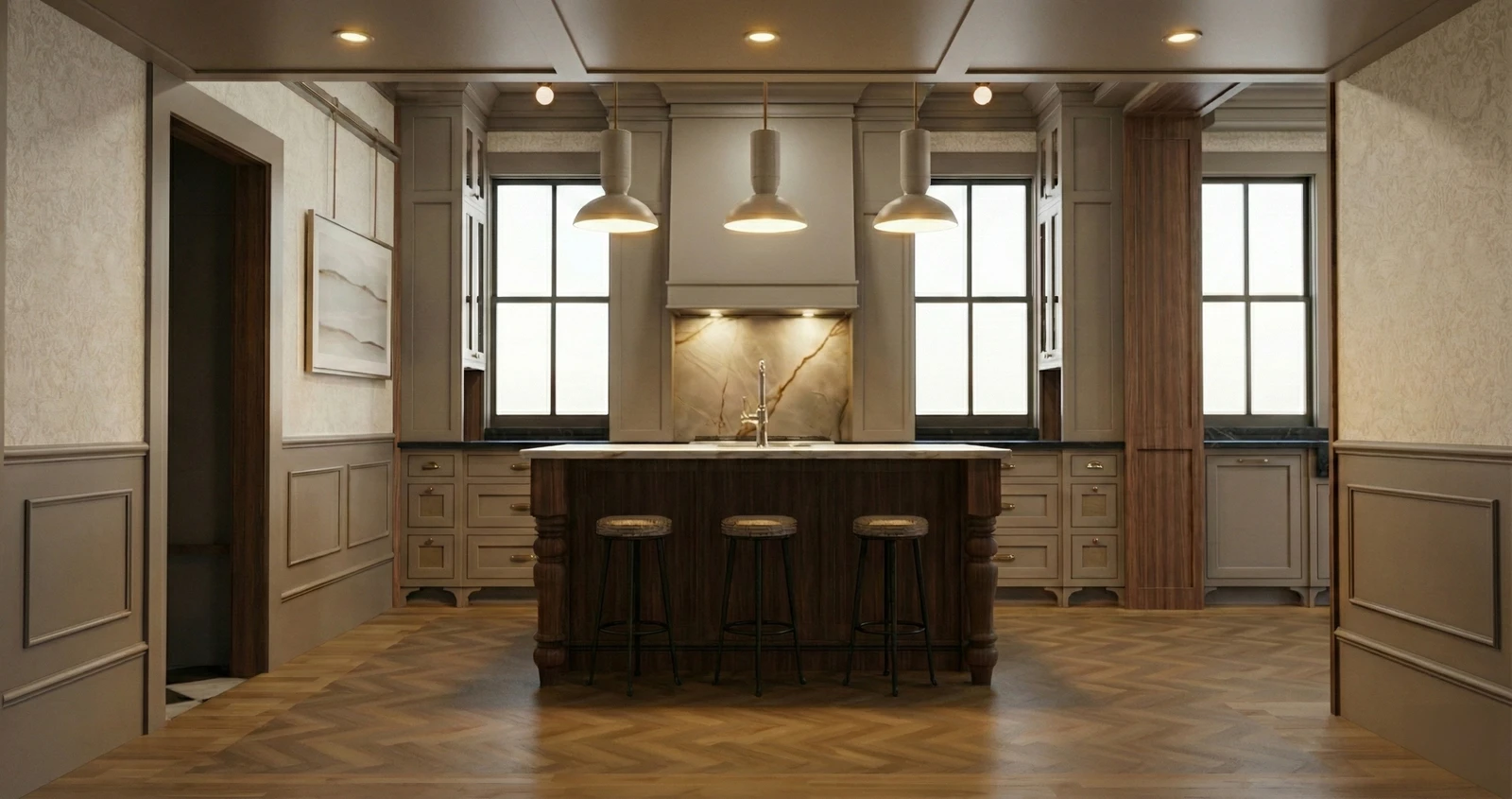 Straight-on kitchen rendering with centered island, pendant lights, range hood, and surrounding millwork