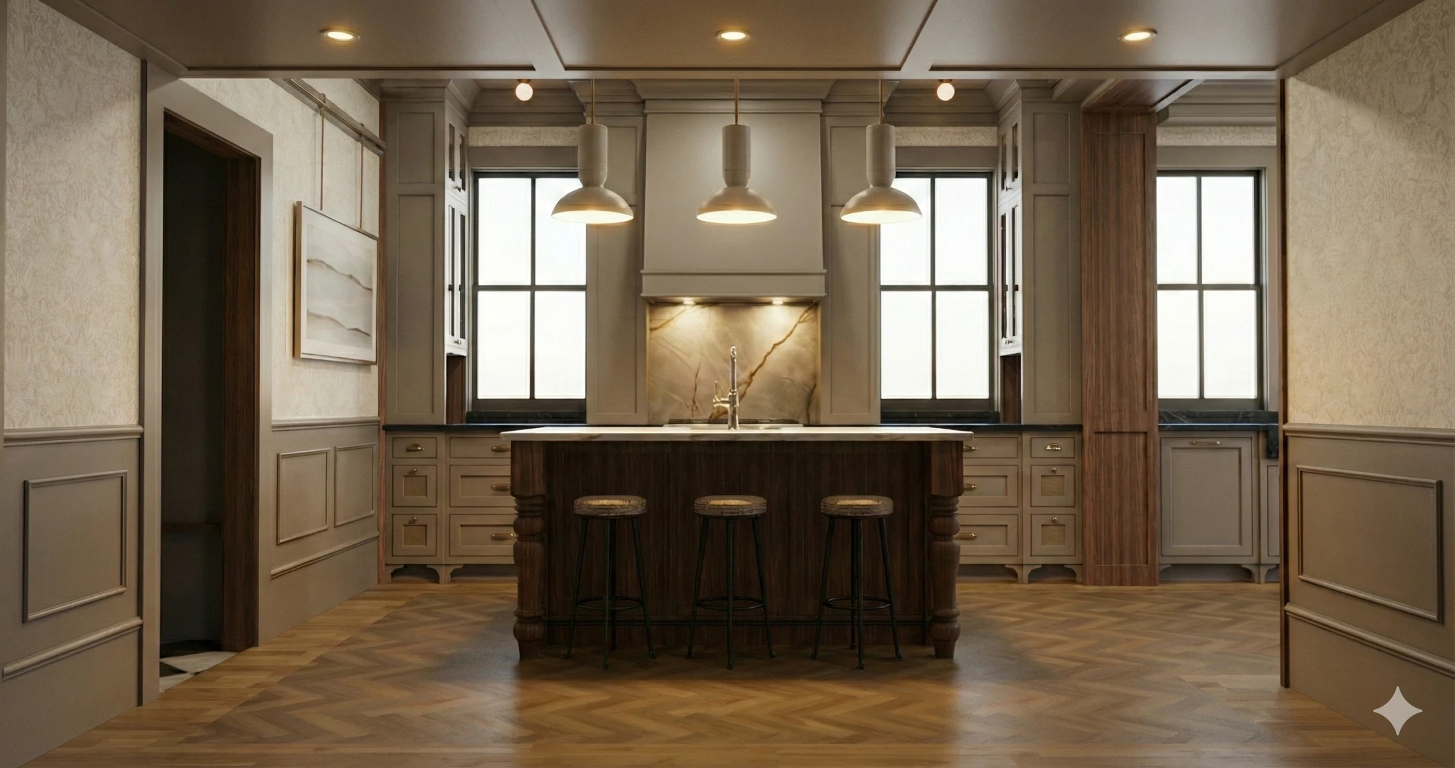 Straight-on kitchen rendering with custom cabinetry, pendant lighting, marble backsplash, wood island, and herringbone floor
