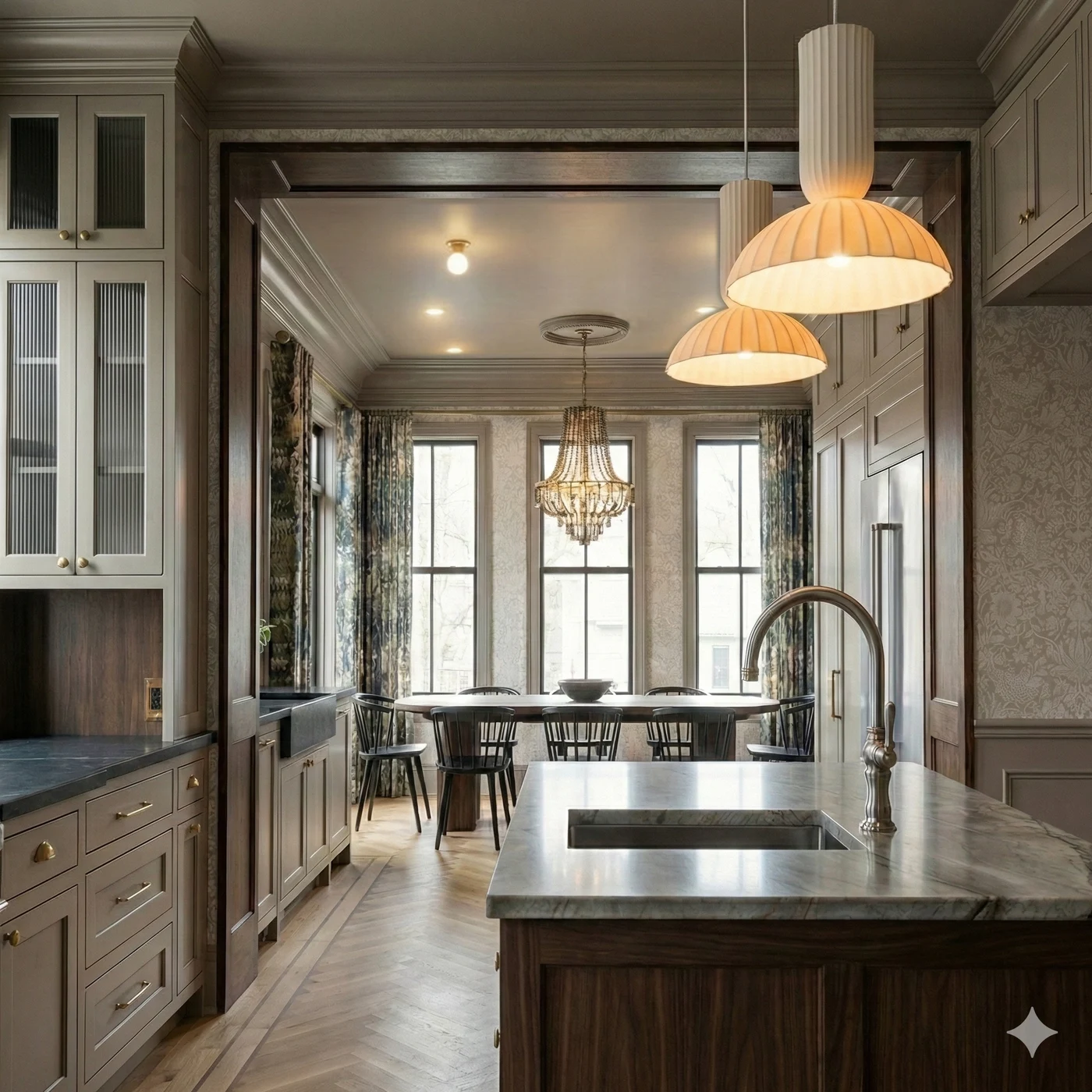 Interior rendering of a layered dining and kitchen space with chandelier, drapery, and custom millwork