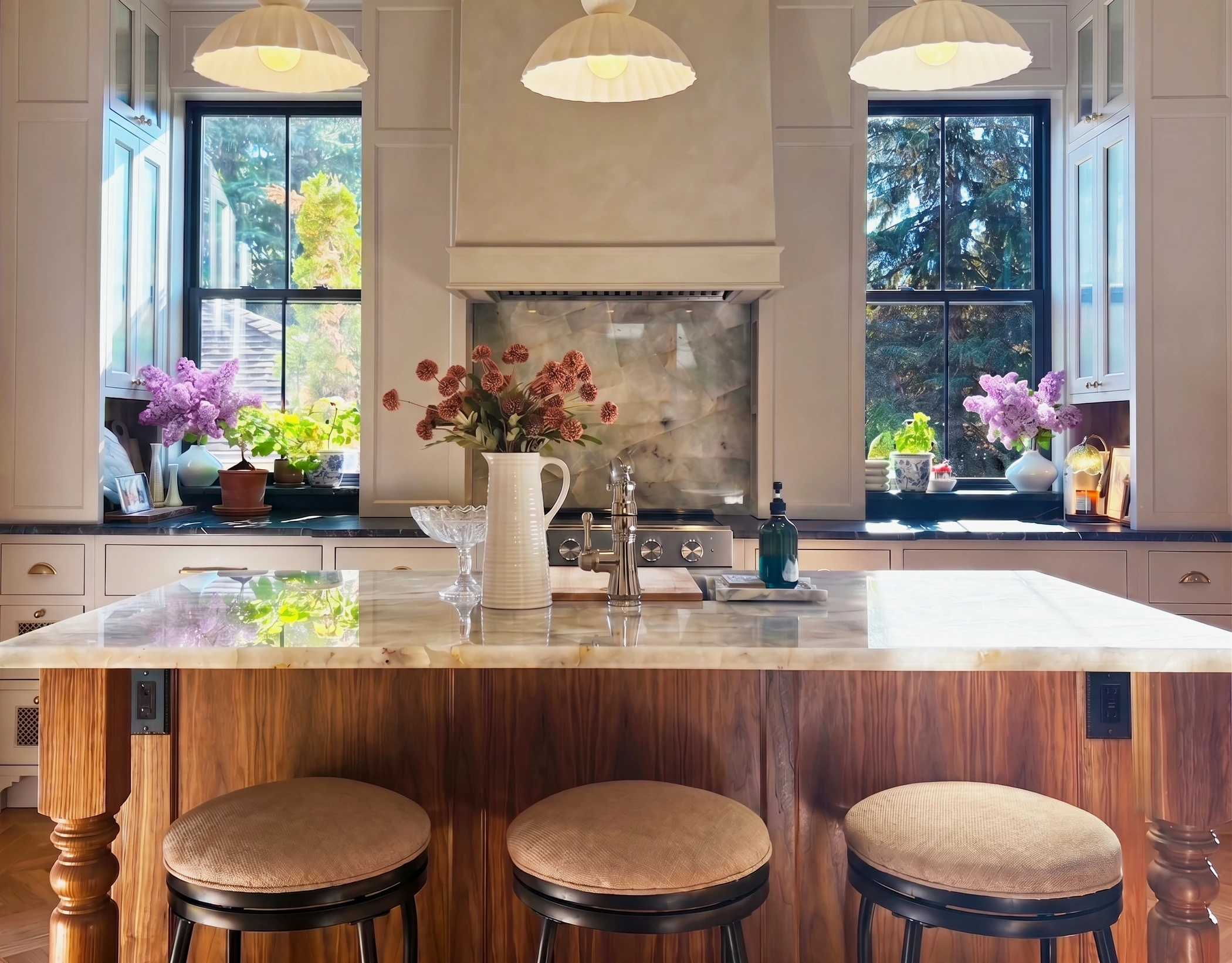 Layered residential kitchen with custom cabinetry, pendant lighting, and marble island