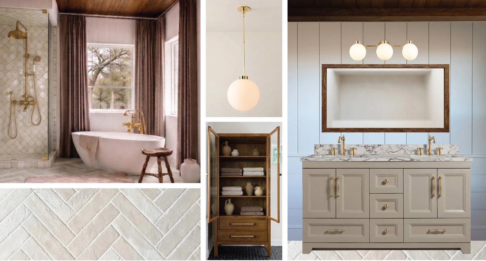 Bathroom mood board design study with tile, lighting, cabinetry, and bath fixture references