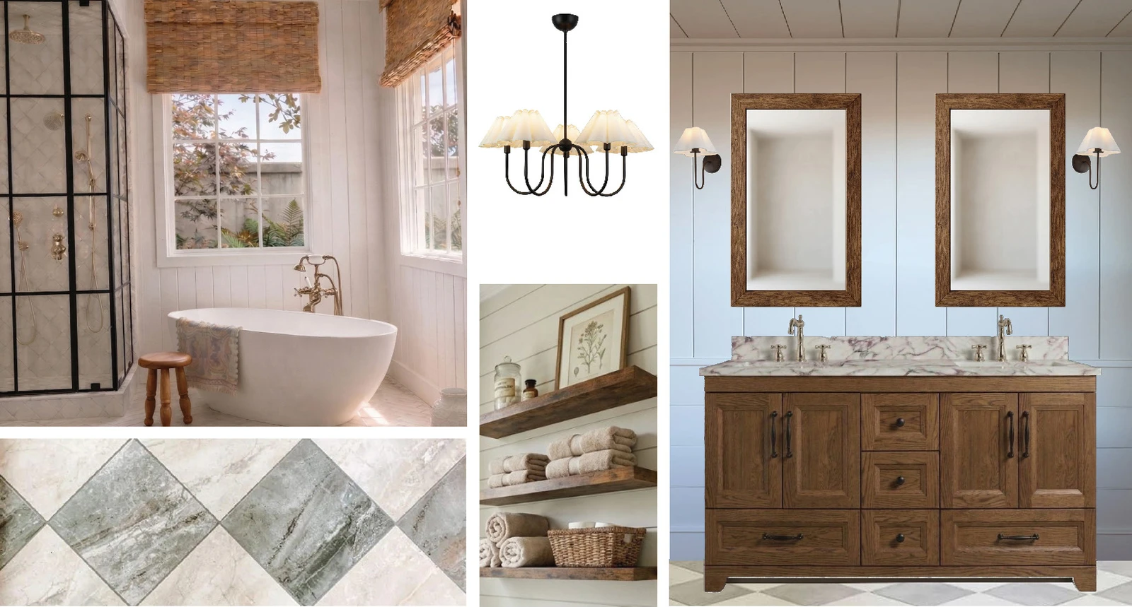 Refined farmhouse bathroom concept with freestanding tub, wood vanity, mirrors, lighting, and tile references