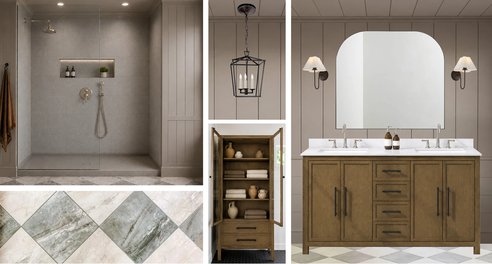 Warm traditional bathroom option with freestanding tub, brass fixtures, cabinet storage, vanity, and tile references