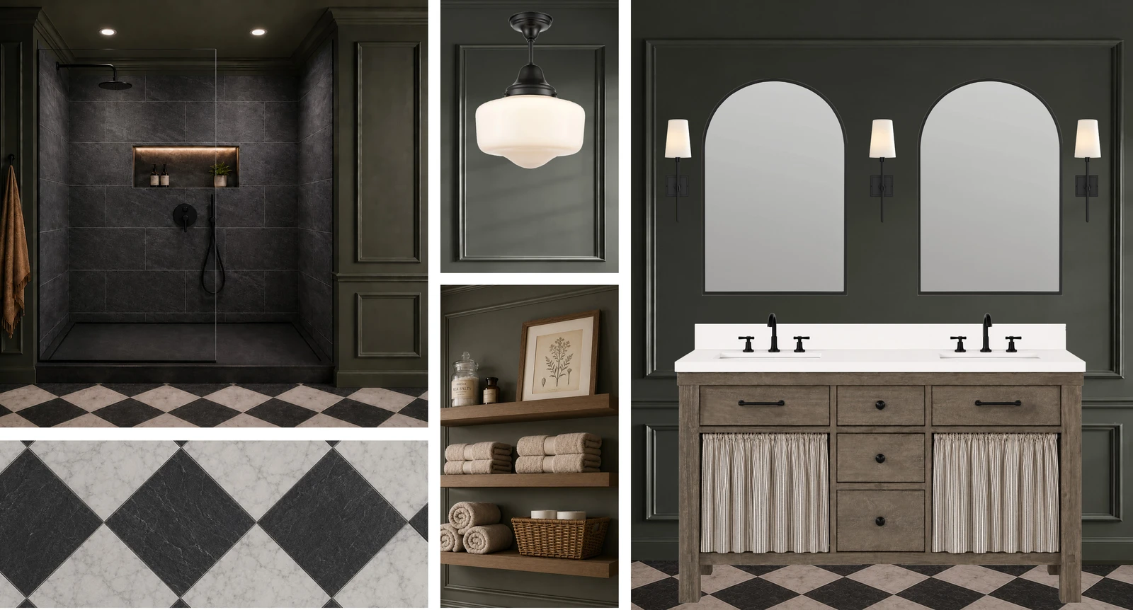 Dark traditional bathroom moodboard with moody shower, black and white tile, framed mirrors, wall sconces, and wood vanity inspiration